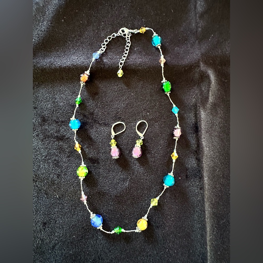 Multi Colored Bead with Silver Tone Necklace and Earrings